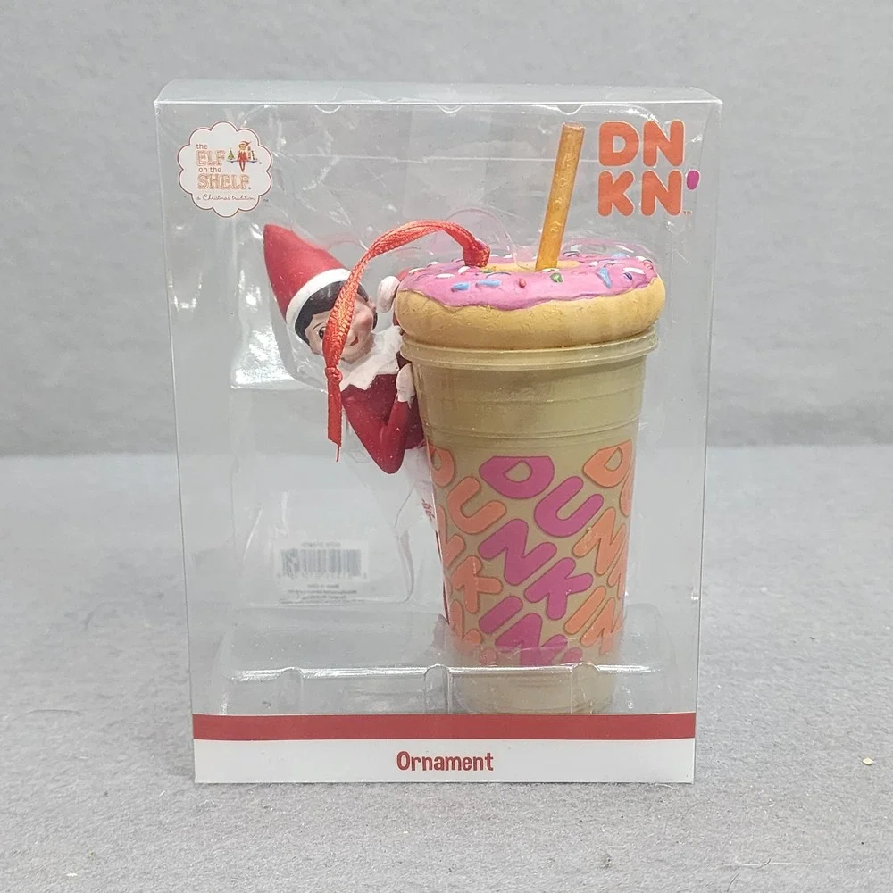 Elf‎ on the Shelf Dunkin Iced Coffee Donut Ornament Red Tan 2021 NEW